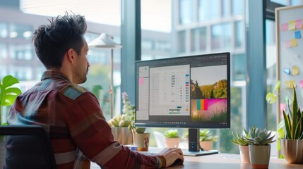 Modern Office Desk. Sleek workspace adorned with greenery and dual monitors.