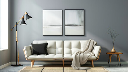 Minimalist living room with sofa and minimalist lamps. with decorated ash walls and paintings. 3D interior rendering