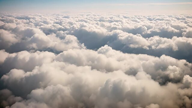 A view from above of white clouds drifting in the sky while flying through them towards the ground below, flying through white clouds towards ground visible from distance, AI Generated