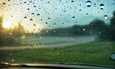 Driving on a rainy day through the windshield of a car.