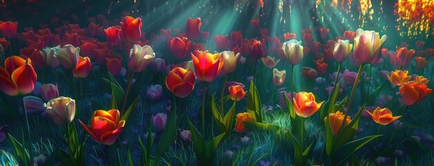 Sunlit Colorful Tulip Field at Sunrise - obrazy, fototapety, plakaty