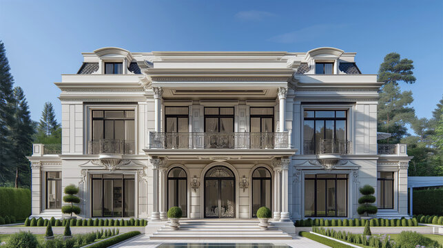 Interior facade of a classic house. 3D rendering of a classic 2-story house