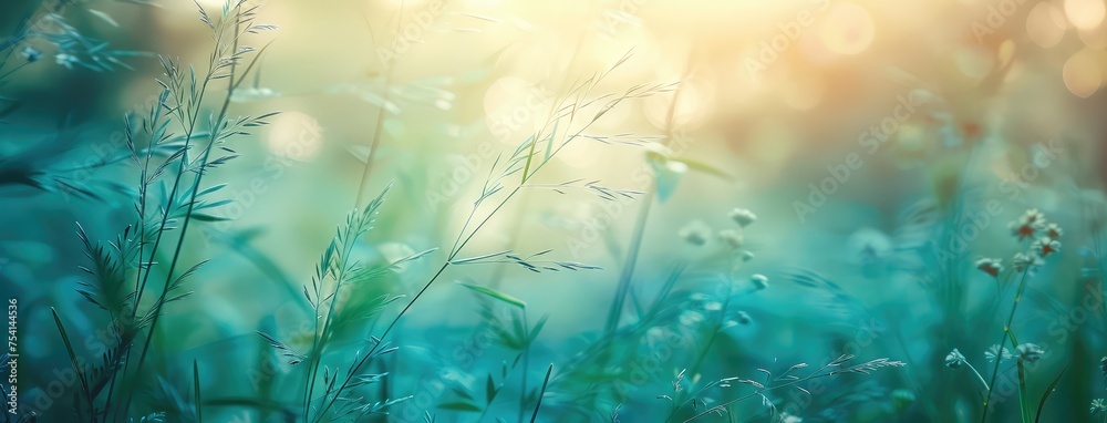 Wall mural Sunlit Grass Field in Ethereal Morning Light