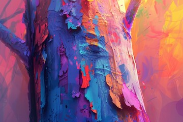 beauty of the rainbow eucalyptus tree, with its naturally vibrant, peeling bark rendered in exaggerated, bright colors. 