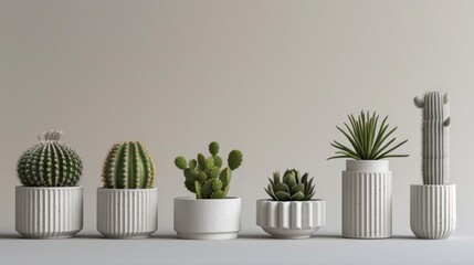 Various cactus and succulent plants in white modern pots aligned on neutral background. Indoor gardening and minimalist home decor.