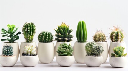 Variety of succulent plants and cacti in uniform pots aligned on white background, showcasing different textures and shapes. Botanical diversity and indoor gardening.