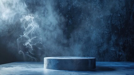 Mysterious smoke rising over minimalist cylindrical pedestal with textured concrete background, suggesting mystical atmosphere for product display. Atmosphere and mood for showcasi - obrazy, fototapety, plakaty