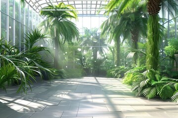 Fototapeta na wymiar An empty glasshouse conservatory filled with a variety of tropical plants, palm trees, and hanging ferns. 