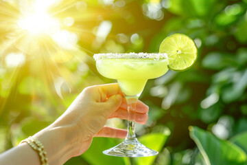 A vibrant lime green margarita in a salt-rimmed glass, beautifully accented with a lime slice, set against a minimalist sunny outdoor background for a food photography shoot.
 - obrazy, fototapety, plakaty