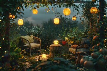 An eco-friendly rooftop space with solar-powered lanterns illuminating a green garden, where seasonal vegetables and herbs are grown.  - obrazy, fototapety, plakaty