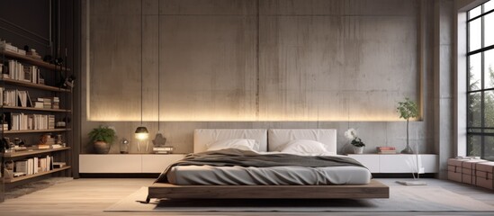 A minimalist bedroom featuring a large bed positioned in the center of the room. The space is designed in a loft style with minimal decor and clean lines.