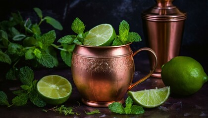 Copper Elegance: The iconic copper mug of the Moscow Mule against a sophisticated backdrop, featuring a garnish of fresh lime wedges and sprigs of mint, evoking a sense of timeless elegance.