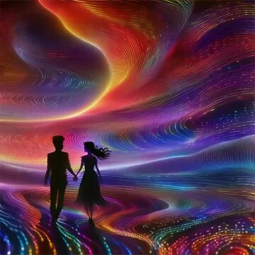 Silhouette of a man and a woman walking together into eternity holding hands colorful swirling waves in cosmos. Romance love future eternal love concepts