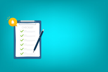 Checklist. Check list document, paper check list and to do list with green checkboxes, concept of survey, online quiz, completed things or done test, feedback.	