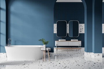 Blue home bathroom interior with double sink and accessories, wall mock up