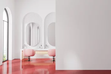 Fototapeten White modern beauty salon with armchairs, panoramic window. Mock up wall © ImageFlow