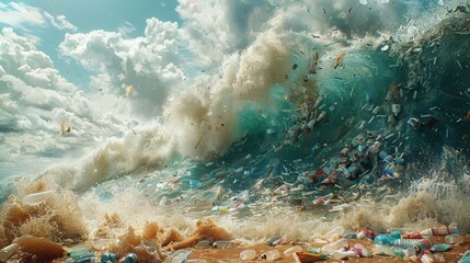 Plastic waste in seawater Pollution in oceans, rivers, canals, roads. Illustration of contaminated nature. - obrazy, fototapety, plakaty