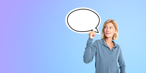 Young girl pointing up and speech bubble