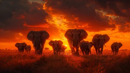 Fotobehang Herd of elephants at sunset, silhouettes against a fiery sky, showcasing their grandeur and family bonds © akarawit