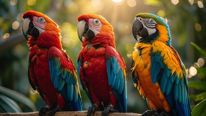 Colorful parrots chatting in a tropical paradise, feathers gleaming under the sun, capturing their social nature