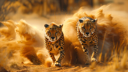 Agile cheetahs racing across the savanna, dust swirling around their swift forms, embodying speed...