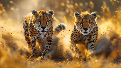 Agile cheetahs racing across the savanna, dust swirling around their swift forms, embodying speed...