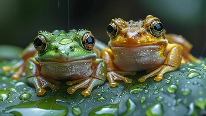 Frogs during a rain shower, droplets on their vibrant skin, capturing the essence of amphibian life