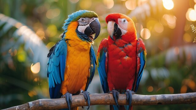 Colorful parrots chatting in a tropical paradise, feathers gleaming under the sun, capturing their social nature