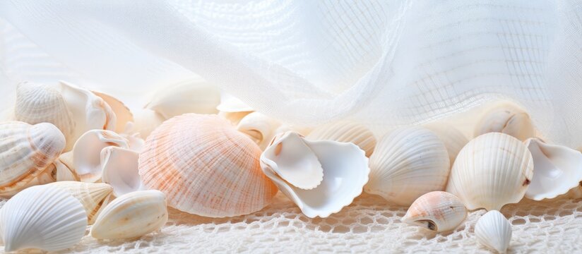 Various seashells and clams are scattered haphazardly on a white lace tablecloth. The shells are diverse in size and color, creating an oceanic feel against the delicate background.