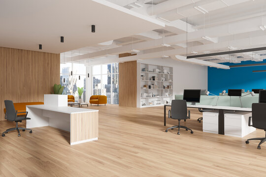 Modern office interior with reception, coworking and relax space near window