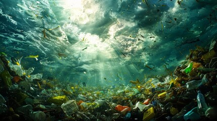 Fototapeta na wymiar Plastic waste in seawater Pollution in oceans, rivers, canals, roads. Illustration of contaminated nature.