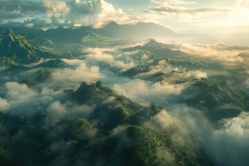 An aerial view of a foggy tropical valley at sunrise, with the tips of the mountains peeking through the sea of clouds.