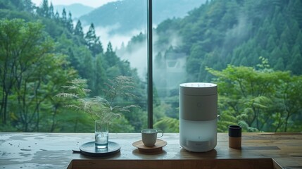 The kitchen has a white water purifier on the desktop, and outside the window is a forest, a natural concept