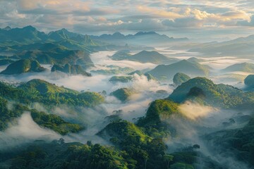 An aerial view of a foggy tropical valley at sunrise, with the tips of the mountains peeking through the sea of clouds. 