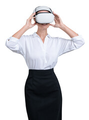 Young woman in vr headset, portrait isolated over white background