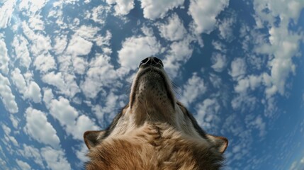 Bottom view of a wolf against the sky. An unusual look at animals. Animal looking at sky - obrazy, fototapety, plakaty
