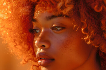 A closeup of a womans face with red hair showcasing her nose, cheek, lip, eyelash, and jaw. The image captures a subtle gesture in flash photography, resembling art or CG artwork. Shes not blonde