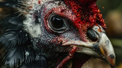 Close-up view of rooster with detailed feathers and vibrant comb, showcasing intricate textures and colors of poultry. Domestic bird and agriculture. - obrazy, fototapety, plakaty
