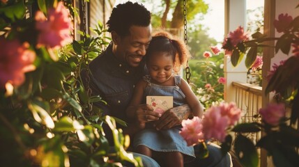 Heartwarming Embrace. Father and Daughter Share a Special Moment on Porch Swing - obrazy, fototapety, plakaty
