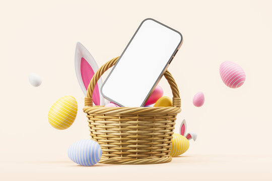 Mock up big phone screen and colorful easter eggs with bunny ears in basket