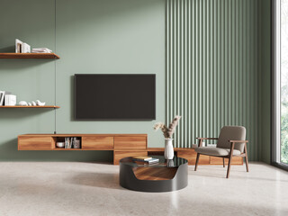 Green living room interior with armchair and TV
