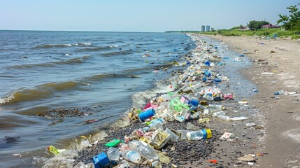 Plastic waste in seawater Pollution in oceans, rivers, canals, roads. Illustration of contaminated nature.