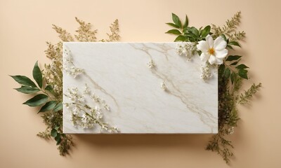 White marble with flowers and leaves on beige background, top view