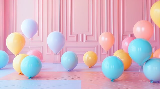 Chic pastel room with floating balloons creating a dreamy and playful atmosphere.