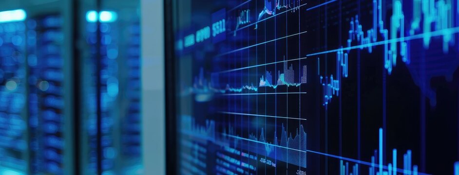 Modern Data Center Server Room with Performance Metrics