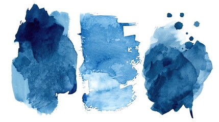 Blue Watercolor Stain Collection. Set of Navy Blue Brush Strokes for Invitations and Designs. Dark, Laundered Watercolor Stains