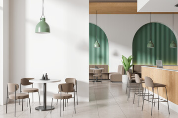 White and green cafe interior with bar counter and blank wall