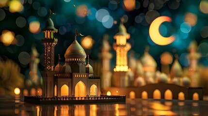 Vibrant ramadan scene: mesmerizing 3d mosque and crescent illumination

 - obrazy, fototapety, plakaty