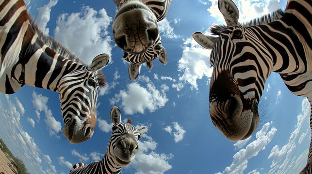 Bottom view of zebras standing in a circle against the sky. An unusual look at animals. Animal looking at camera