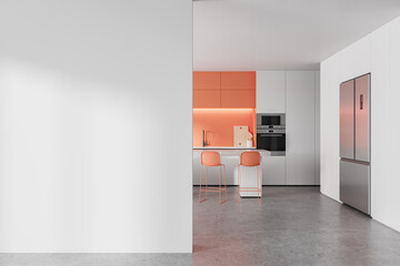 White home kitchen interior with bar counter, cabinet with fridge. Mock up wall